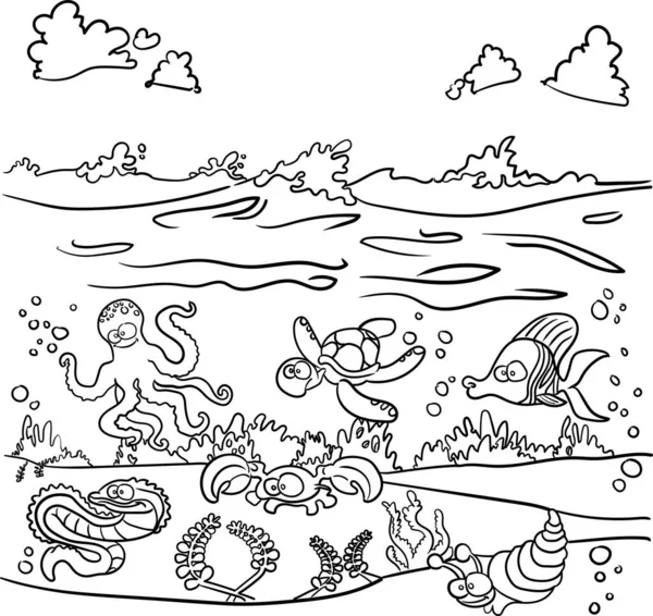 海の底の手を描く 子供のためのぬり絵ページ 落書きスタイル 黒と白 海洋生物 — ストック写真
