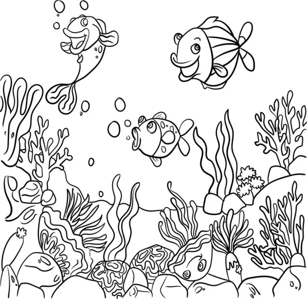 海底手绘 给孩子们的书页涂色 涂鸦风格 黑白的 海洋居民 — 图库照片
