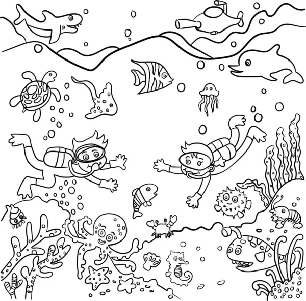 海の底の手を描く 子供のためのぬり絵ページ 落書きスタイル 黒と白 海洋生物 — ストック写真