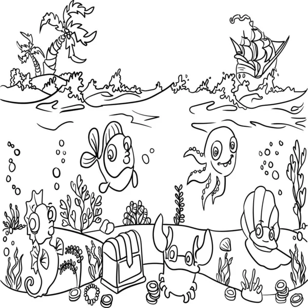 Sea Bottom Hands Drawing Coloring Book Page Kids Doodle Style — Stockfoto