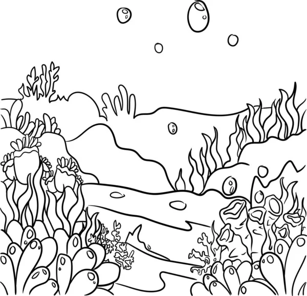 Sea bottom hands drawing. Coloring book page for kids. Doodle style, black and white. Marine inhabitants.