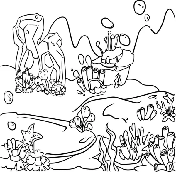 Deniz dibi çizimi. Çocuklar için boyama sayfası. Doodle tarzı, siyah ve beyaz. Deniz sakinleri.