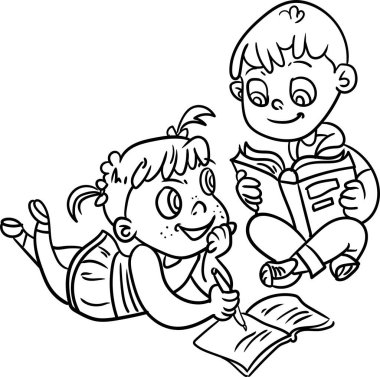 Günlük Faaliyet Serisi. Çocuklar için Boyama Kitabı. Küçük çocuk ablasıyla oynarken çok mutlu görünüyor..