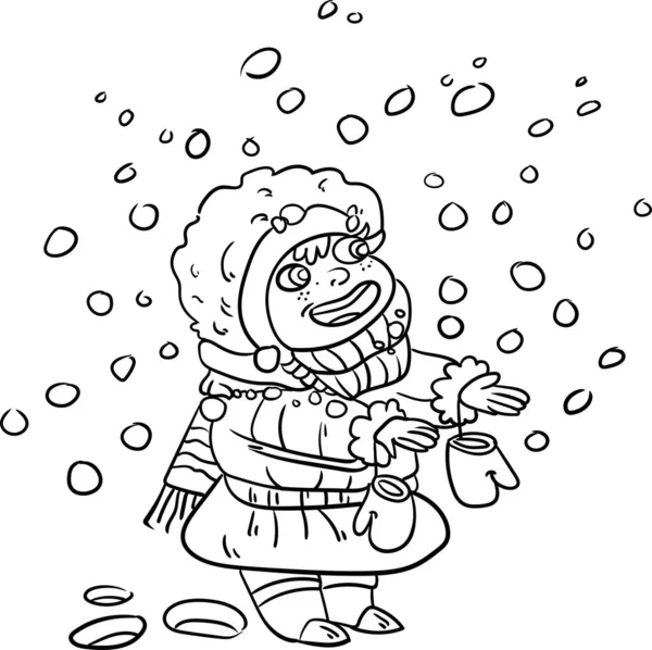 冬季季节系列 儿童彩色书 当冬天来临时 这个蹒跚学步的孩子看上去真的很高兴在外面玩耍 — 图库照片