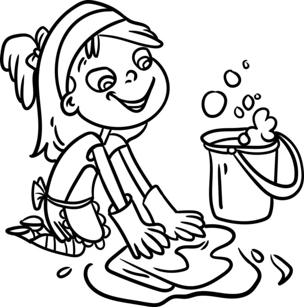 房屋清洁系列 给孩子们配色的书小女孩看起来真的忙着帮她妈妈打扫房间 小女孩洗衣服 做糕点 清扫灰尘 — 图库照片