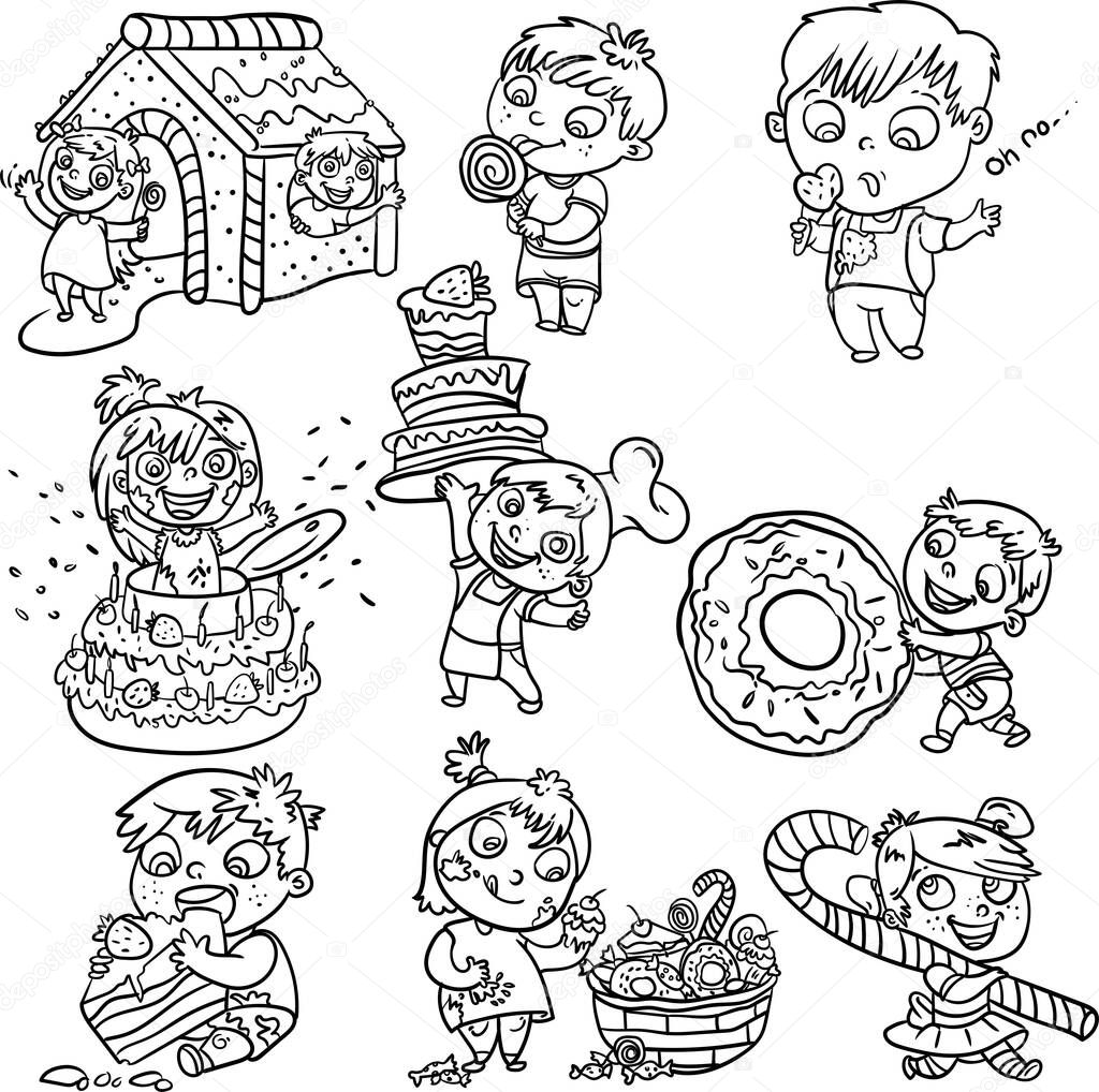 Coloring books for kids. Little boy and girl having fun with their food.