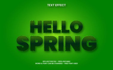 Merhaba bahar mesaj efekti. Düzenlenebilir yazı tipi efekti vektörü yeşil çimen biçimi.