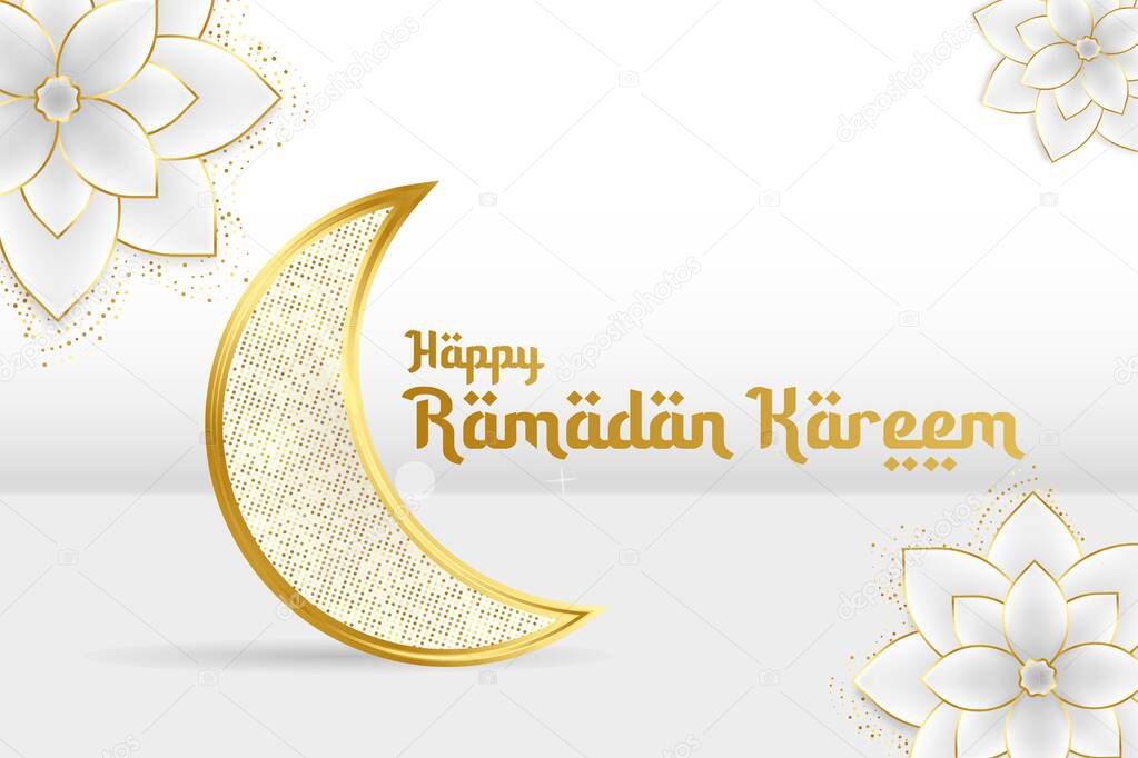 Ramadan kareem gold crescent, glitter moon. Abstract background for banner, invitation, cover or gift card.