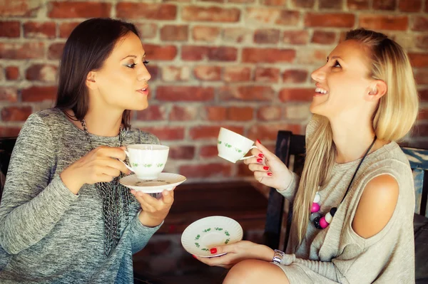 Dos amigas jóvenes chismorreando en un bar — Foto de Stock