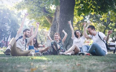 Kollarını kaldırmış bir grup mutlu genç parkta eğleniyor. Doğanın tadını çıkarıyorum. Piknik partisi