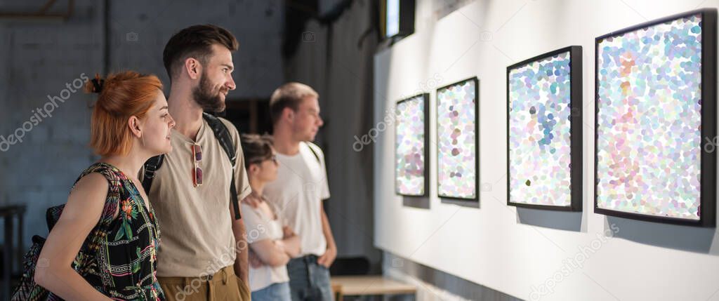 Group of friends in modern art exhibition gallery hall contemplating artwork. Abstract painting