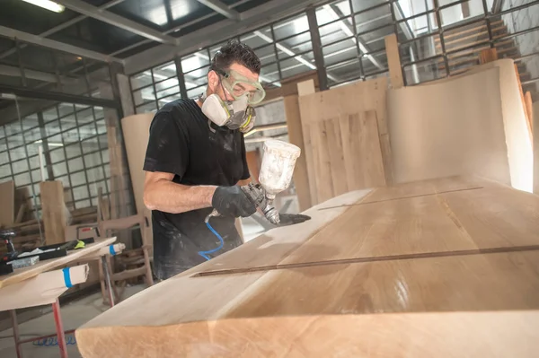 Man Respirator Mask Painting Wooden Planks Workshop Craftsman Modern Furniture — Stock Photo, Image