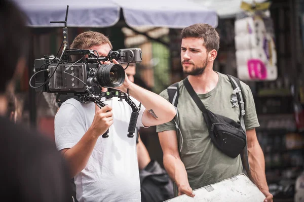 Nos Bastidores Equipe Filmagem Filmando Cena Filme Local Livre Grupo — Fotografia de Stock