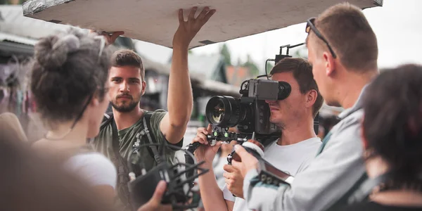 Nos Bastidores Equipe Filmagem Filmando Cena Filme Local Livre Grupo — Fotografia de Stock