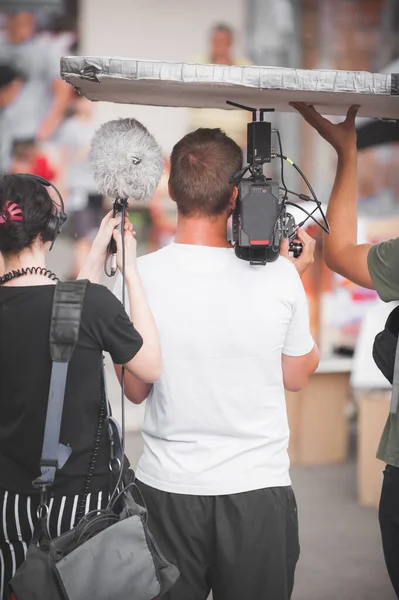 Dietro Quinte Troupe Cinematografica Sta Girando Una Scena Cinematografica All — Foto Stock