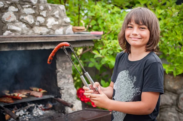 Children Grilling Meat Happy Teenage Boy Making Barbecue Grill Nature — Stock Photo, Image