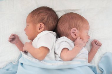 İki yeni doğan ikiz, muhtemelen erkek kardeşler, beyaz bir çarşafta kafa kafaya dinleniyorlar. İkisi de açık tenli, gözleri kapalı ve kısmen mavi bir battaniyeyle kaplılar..