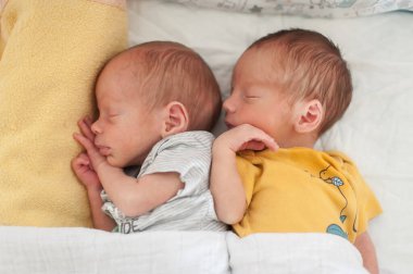 İki sevimli ikiz bebek bir battaniyeye sarılmış yumuşak bir yatakta birbirlerine sokuluyorlar. Sıcaklık ve rahatlıkla çevrili, huzurlu bir uykudalar..