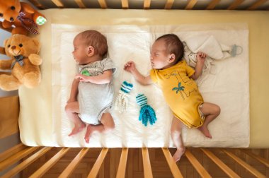 Bebek kıyafetleri giyen iki bebek ahşap bir beşikte yan yana uyur. Doldurulmuş oyuncak ayılar ve ahtapot oyuncakları etraflarını sarmış..