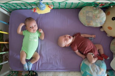 İki küçük ikiz kardeş bir beşikte yatıyor, biri uyanık ve esniyor diğeri ise hareketsiz yatıyor. İkisi de mor bir battaniyenin üzerinde yumuşak oyuncaklar var..