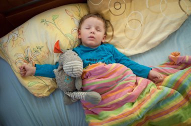 Küçük bir çocuk, yumuşak bir oyuncak tutarak rahat bir yatakta uyuyor. Battaniyenin parlak renkleri ve yatak sıcak bir atmosfer yaratıyor. Oda sessiz ve davetkar görünüyor..