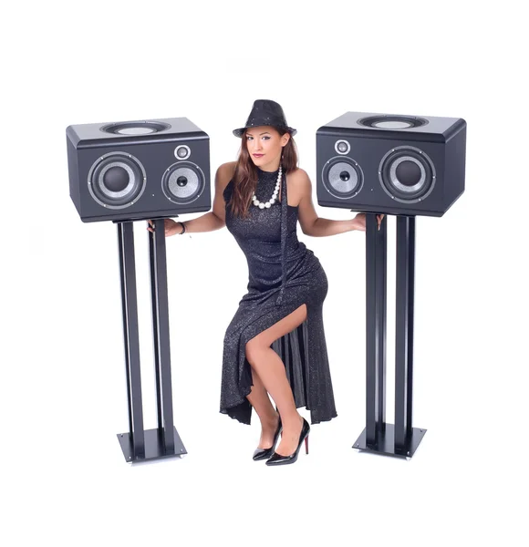 Mujer sexy con equipo de audio — Foto de Stock