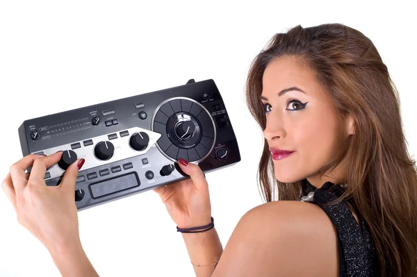 Sexy woman with audio equipment — Stock Photo, Image