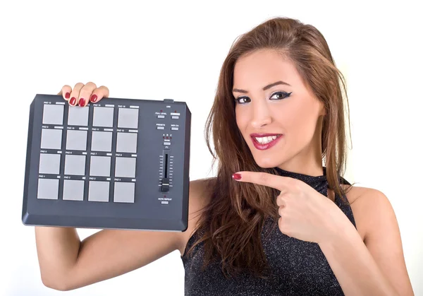 Sexy woman with audio equipment — Stock Photo, Image