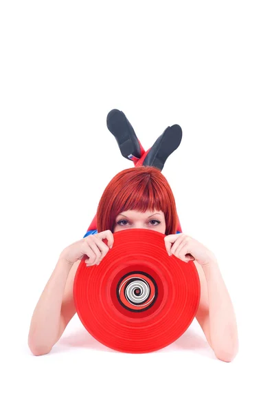 Disco Girl with Vinyl Record — Stock Photo, Image