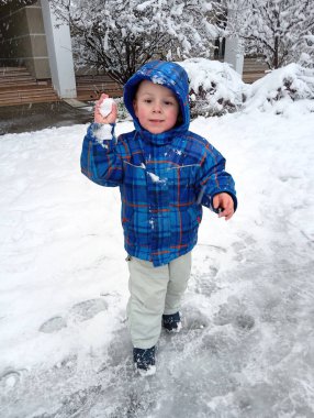 Dışarıda karda elinde kartopu tutan küçük bir çocuk var. Çocuk mavi bir ceket ve açık renk pantolon giyiyor. Arka planda karla kaplı zemin ve ağaçlar görülebilir.