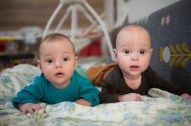 İkiz erkek çocuklar, parlak bir odada çiçekten bir battaniyenin üzerinde midelerinin üzerinde yatıyorlar. Doğrudan kameraya bakıp hafifçe gülümsüyorlar..