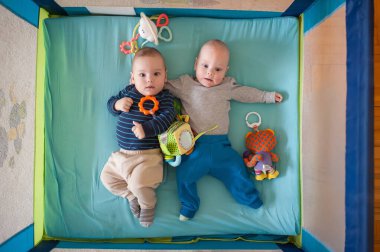 İkiz erkek kardeşler, renkli bebek oyuncaklarıyla çevrili, meraklı bir şekilde, canlı bir oyun parkında birlikte uzanırlar..