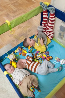 Üç neşeli erkek kardeş renkli oyuncaklarla çevrili canlı bir oyun parkında eğleniyorlar. Kahkahalar, birbirlerini keşfederken ve oynarken havayı dolduruyor, neşeli anılar yaratıyor..