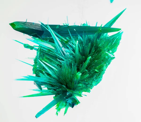 large green copper chloride crystals. green crystal needles. collector's mineral. on white background