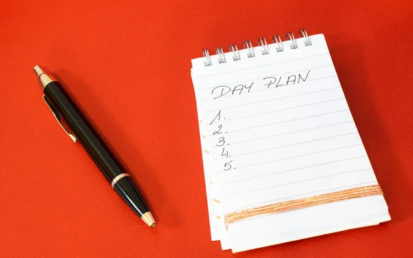 Plan Day Notebook Pen Red Background — Stock Photo, Image