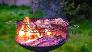 Kızarmış tavuk butları. Bahçede ızgara..