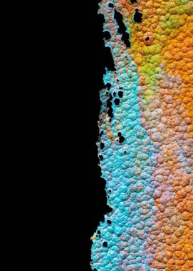 Oksitlenmiş bakır, soyutlama. Doğal turuncu, mavi. Yeşil sarı arka plan, paslı bakır kaplama.