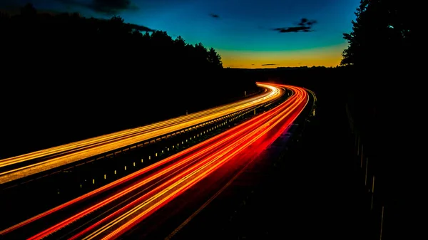 Luces Carretera Nocturnas Luces Coches Movimiento Por Noche Larga Exposición — Foto de Stock