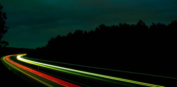 Luzes Noturnas Luzes Carros Movimento Noite Exposição Longa Multicolorido — Fotografia de Stock