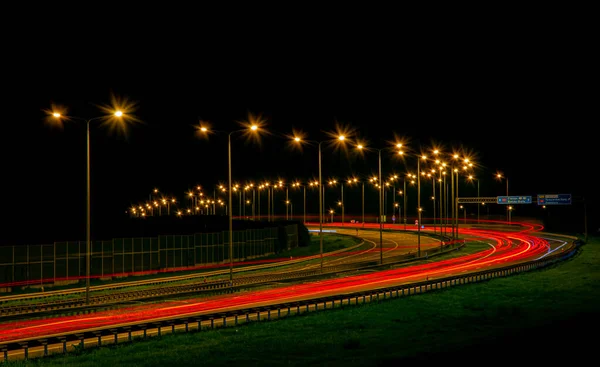 Luzes Noturnas Luzes Carros Movimento Noite Exposição Longa Vermelho Azul — Fotografia de Stock