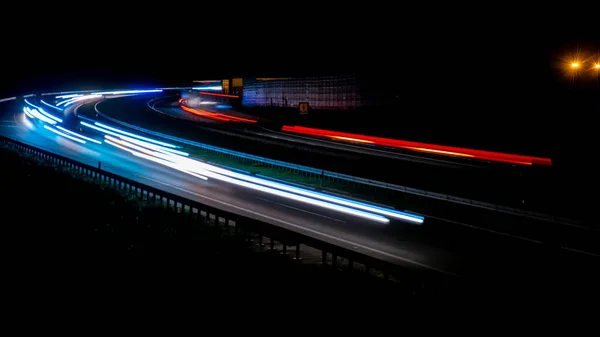 Nachtverlichting Lichten Van Bewegende Auto Nachts Lange Blootstelling Rood Blauw — Stockfoto