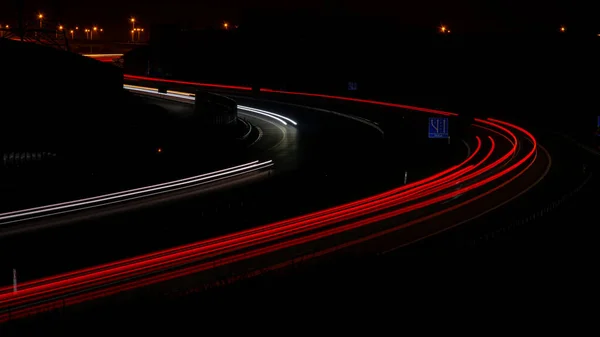 Nachtverlichting Lichten Van Bewegende Auto Nachts Lange Blootstelling Rood Blauw — Stockfoto