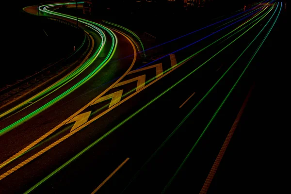 Luces Carretera Nocturnas Luces Coches Movimiento Por Noche Larga Exposición — Foto de Stock