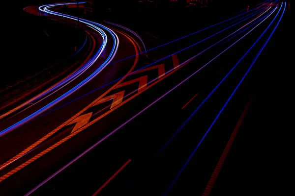 Luci Notturne Luci Auto Movimento Notte Lunga Esposizione Rosso Blu — Foto Stock