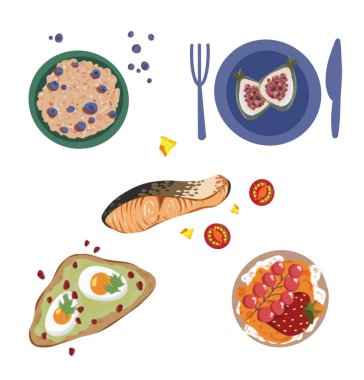 Kahvaltılık lezzetli yiyecekler. Güzel el çizimi ikonlar. Çizgi film tarzı. Düz dizayn. Yemek mini sanatı