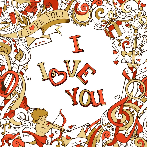 Modèle d'affiche d'amour rouge et or avec des éléments de gribouillis dessinés à la main . — Image vectorielle