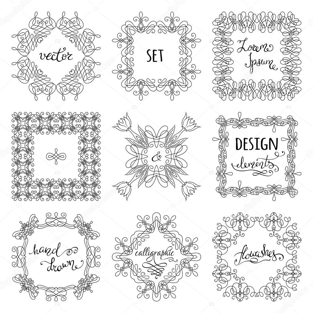 Vector set of hand-drawn calligraphic frames.