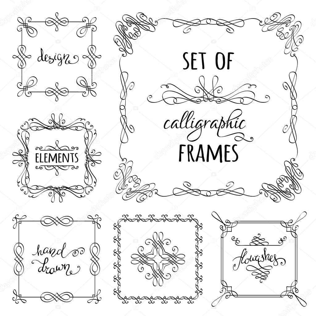 Vector set of hand-drawn calligraphic frames.