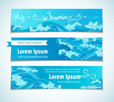 Deniz/okyanus yatay afiş ve vektör ayarla.