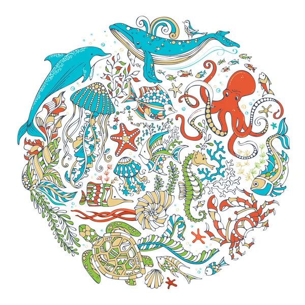 海洋生物的圆矢量集 — 图库矢量图片